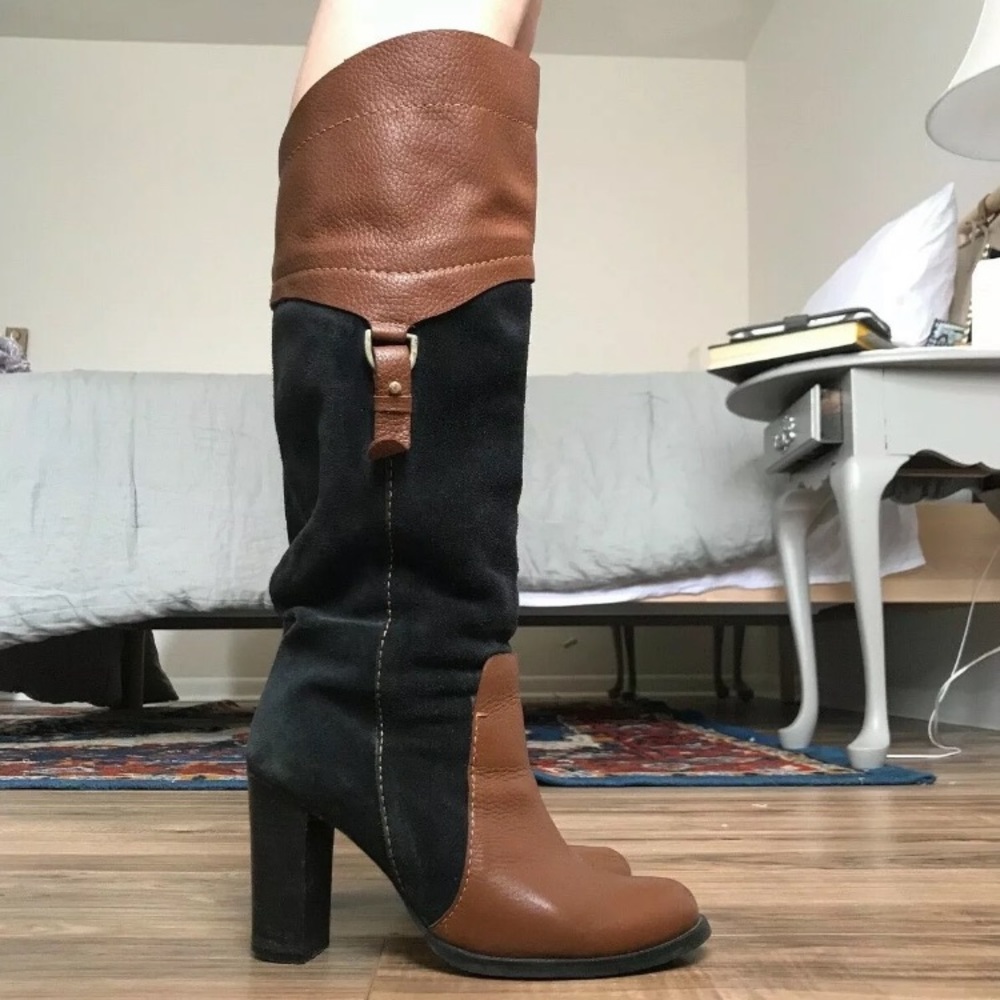 Genuine leather Pull on knee high chunky heel